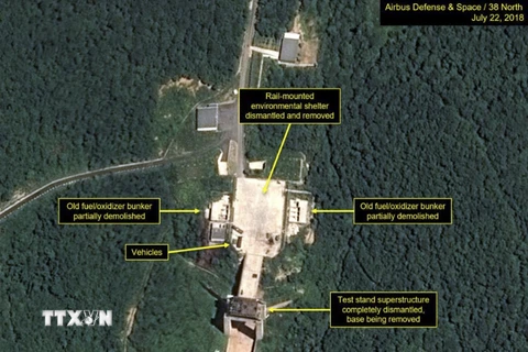 Hình ảnh do trang mạng 38 North ghi lại cho thấy hoạt động tháo dỡ các cơ sở của bãi thử hạt nhân Sohae ngày 22/7. (Ảnh: EPA/TTXVN)