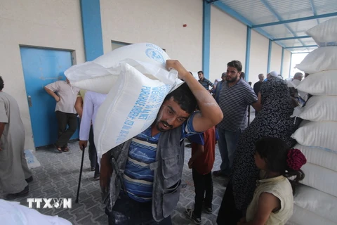 Người tị nạn Palestine nhận lương thực cứu trợ của UNRWA tại thành phố Rafah, Dải Gaza ngày 23/7. (Ảnh: THX/TTXVN)