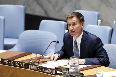 Ngoại trưởng Anh Jeremy Hunt phát biểu tại cuộc họp Hội đồng Bảo an Liên hợp quốc ở New York, Mỹ ngày 23/8. (Ảnh: THX/TTXVN)