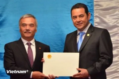 Đại sứ Nguyễn Hoài Dương và Tổng thống Guatemala Jimmy Morales Cabrera. (Nguồn: Phủ Tổng thống Guatemala)