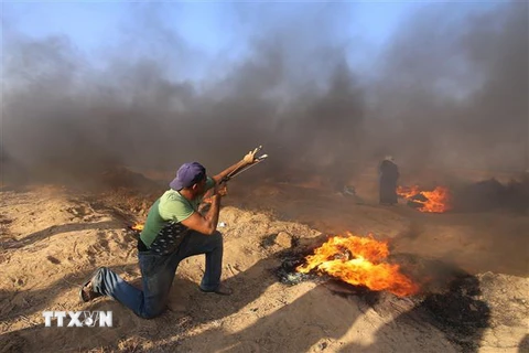 Người biểu tình Palestine xung đột với binh sỹ Israel ở khu vực biên giới Gaza-Israel ngày 24/8. (Ảnh: THX/TTXVN)