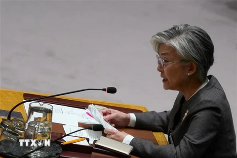 Ngoại trưởng Hàn Quốc Kang Kyung-wha phát biểu tại cuộc họp của Hội đồng Bảo an ở New York, Mỹ ngày 27/9/2018. (Ảnh: AFP/TTXVN)