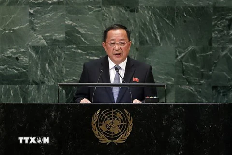 Ngoại trưởng Triều Tiên Ri Yong-ho phát biểu Khóa họp 73 Đại hội đồng Liên hợp quốc ở New York, Mỹ ngày 29/9. (Ảnh: THX/TTXVN)