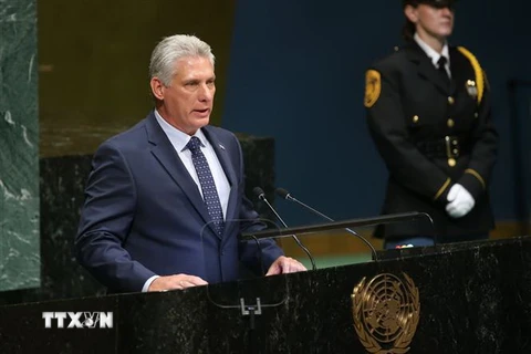 Chủ tịch Cuba Miguel Diaz-Canel phát biểu tại Khóa họp 73 Đại hội đồng Liên hợp quốc ở New York, Mỹ ngày 26/9/2018. (Ảnh: THX/TTXVN)