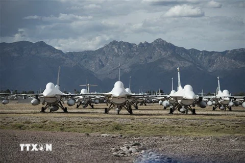 Máy bay chiến đấu F-16 thuộc hãng sản xuất vũ khí General Dynamics của Mỹ đỗ tại căn cứ không quân Davis-Monthan, bang Arizona. (Ảnh: AFP/TTXVN)