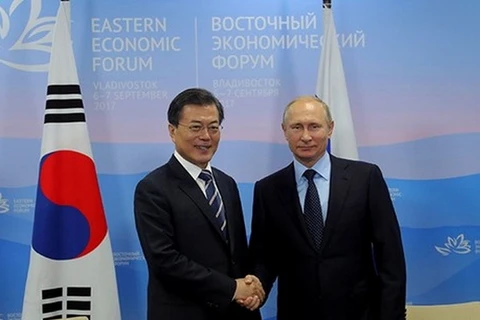 Tổng thống Hàn Quốc Moon Jae-in và Tổng thống Nga Vladimir Putin. (Nguồn: Reuters)