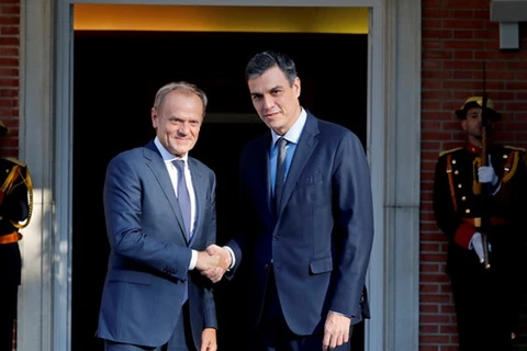 Chủ tịch Hội đồng châu Âu Donald Tusk (trái) và Thủ tướng Tây Ban Nha Pedro Sanchez. (Nguồn: vaaju.com)