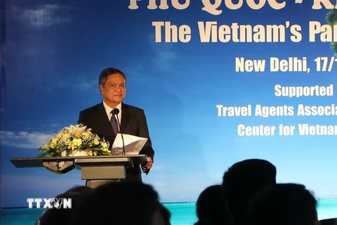 Chủ tịch Ủy ban Nhân dân tỉnh Kiên Giang Phạm Vũ Hồng phát biểu tại Roadshow. (Ảnh: Huy Lê/TTXVN)