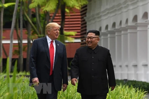 Tổng thống Mỹ Donald Trump (trái) và Nhà lãnh đạo Triều Tiên Kim Jong-un tại cuộc gặp lịch sử ở Sentosa, Singapore ngày 12/6. (Nguồn: AFP/TTXVN)