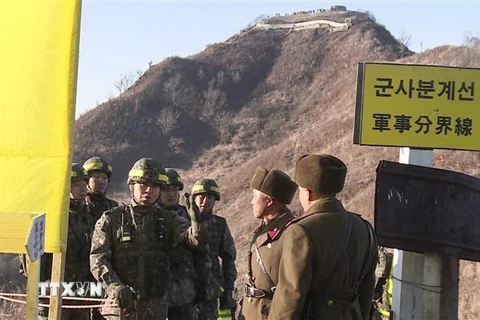 Các thanh sát viên Hàn Quốc (trái) và Triều Tiên (phải) kiểm chứng đối với việc dỡ bỏ vũ khí và rút binh sỹ tại trạm gác ở Khu phi quân sự liên Triều (DMZ) ngày 12/12/2018. (Ảnh: Yonhap/TTXVN)
