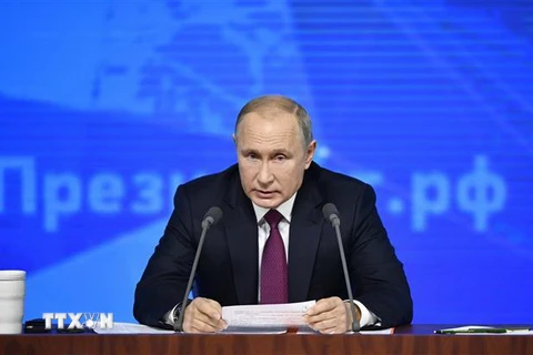 Tổng thống Nga Vladimir Putin trong cuộc họp báo thường niên tại Moskva ngày 20/12/2018. (Ảnh: AFP/TTXVN)