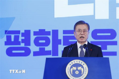 Tổng thống Hàn Quốc Moon Jae-in phát biểu trong cuộc gặp các lãnh đạo doanh nghiệp Hàn Quốc tại Seoul ngày 2/1/2019. (Ảnh: Yonhap/TTXVN)
