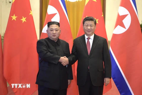 Chủ tịch Trung Quốc Tập Cận Bình (phải) trong cuộc gặp nhà lãnh đạo Triều Tiên Kim Jong-un tại Bắc Kinh ngày 8/1/2019. (Nguồn: THX/TTXVN