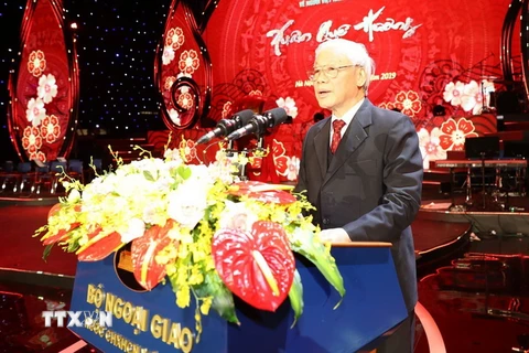 Tổng Bí thư, Chủ tịch nước Nguyễn Phú Trọng phát biểu chúc mừng bà con kiều bào. (Ảnh: Trí Dũng/TTXVN)