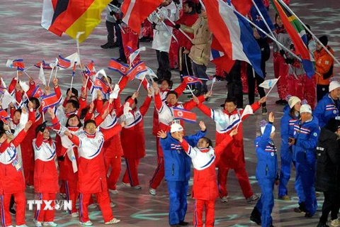 Đoàn vận động viên Triều Tiên tại lễ bế mạc Olympic PyeongChang, Hàn Quốc ngày 25/2/2018. (Nguồn: Yonhap/TTXVN)