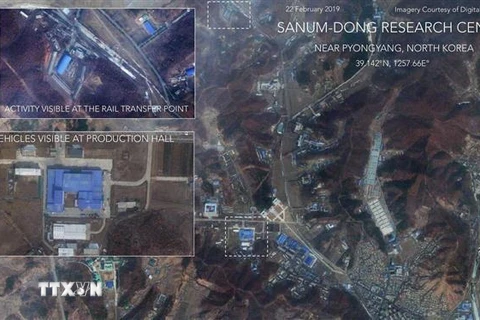 Hình ảnh do vệ tinh của công ty Digital Globe chụp vào ngày 22/2/2019 cho thấy hoạt động tại phóng Sanumdong của Triều Tiên. (Ảnh: WFSB/TTXVN)