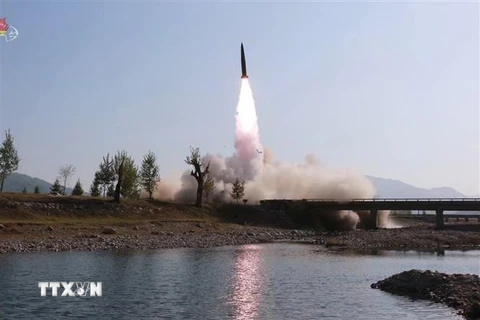Bệ phóng tên lửa được vận hành trong cuộc diễn tập quân sự dưới sự giám sát của nhà lãnh đạo Triều Tiên Kim Jong-un ở phía Tây nước này ngày 9/5/2019. (Ảnh: Yonhap/TTXVN)