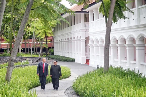 Tổng thống Mỹ Donald Trump và Chủ tịch Triều Tiên Kim Jong-un tại hòn đảo nghỉ dưỡng Sentosa năm 2018. (Nguồn: straitstimes.com)