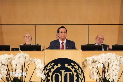 Bộ trưởng Lao động-Thương binh và Xã hội, Đào Ngọc Dung, phát biểu tại phiên họp toàn thể ILO. (Ảnh: Hoàng Hoa/TTXVN)