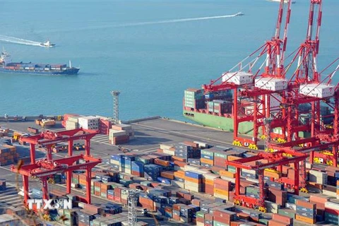 Vận chuyển hàng hóa tại cảng Busan, Hàn Quốc. (Ảnh: AFP/TTXVN)