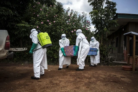 Nhân viên y tế chuyển thi thể bệnh nhân nghi nhiễm Ebola tại Mangina, gần Beni, tỉnh Bắc Kivu, Cộng hòa Dân chủ Congo năm 2018. (Ảnh: AFP/TTXVN)