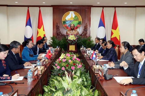 Chủ tịch Quốc hội Nguyễn Thị Kim Ngân hội đàm với Chủ tịch Quốc hội Lào Pany Yathotou. (Ảnh: Trọng Đức/TTXVN)