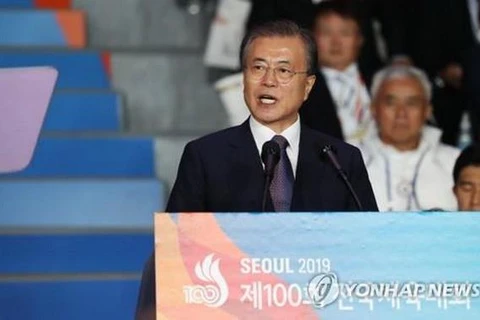 Tổng thống Moon Jae-in phát biểu khai mạc Đại hội Thể thao toàn quốc lần thứ 100 của Hàn Quốc. (Nguồn: Yonhap)
