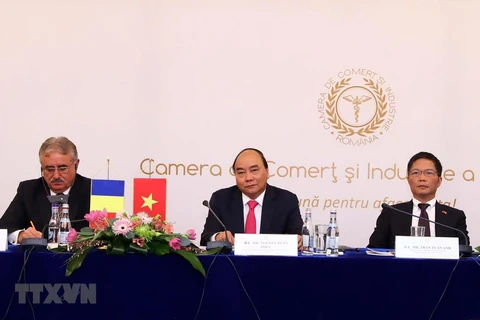 Thủ tướng Nguyễn Xuân Phúc và Đoàn Cấp cao Việt Nam chủ trì Diễn đàn doanh nghiệp Việt Nam-Romania hồi tháng Tư. (Ảnh: Thống Nhất/TTXVN)