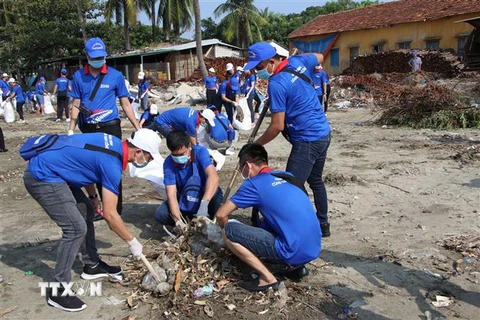 Đoàn viên thanh niên tham gia dọn rác. (Ảnh minh họa. Đinh Hương/TTXVN)