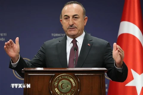Ngoại trưởng Thổ Nhĩ Kỳ Mevlut Cavusoglu phát biểu tại cuộc họp báo ở Ankara, Thổ Nhĩ Kỳ. (Ảnh: AFP/TTXVN)
