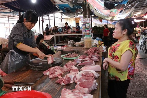 Thịt lợn tăng giá, người dân dè dặt hơn khi mua thịt lợn tại chợ Nhớn, thành phố Bắc Ninh. (Ảnh: Thanh Thương/TTXVN)