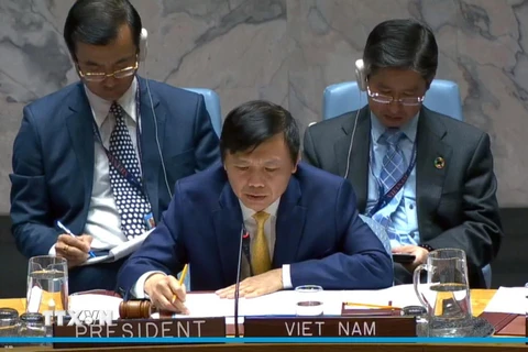 Đại sứ Đặng Đình Quý, Trưởng phái đoàn đại diện thường trực Việt Nam tại Liên hợp quốc phát biểu, chủ trì phiên họp HĐBA. (Ảnh: TTXVN phát)