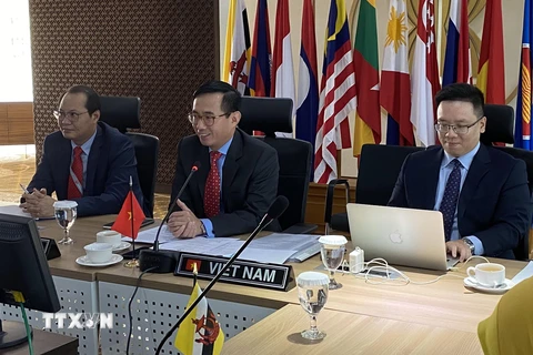 Đại sứ Trần Đức Bình, Trưởng Phái đoàn Việt Nam tại ASEAN, Chủ tịch ACCC chủ trì cuộc họp. (Ảnh: Hữu Chiến/TTXVN)
