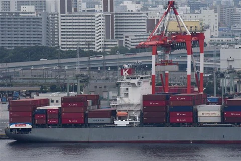 Tàu chở hàng hóa neo tại cảng ở Tokyo, Nhật Bản. (Ảnh: AFP/TTXVN)