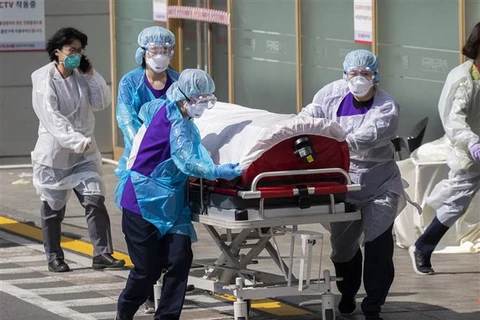 Chuyển bệnh nhân nhiễm COVID-19 tới bệnh viện tại Daegu, Hàn Quốc. (Ảnh: THX/TTXVN)