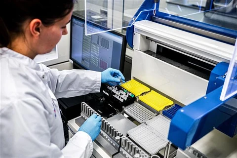 Nhân viên y tế phân tích mẫu bệnh phẩm của bệnh nhân nhiễm COVID-19 tại một phòng thí nghiệm ở Roosendaal, Hà Lan ngày 4/3/2020. (Ảnh: AFP/TTXVN)
