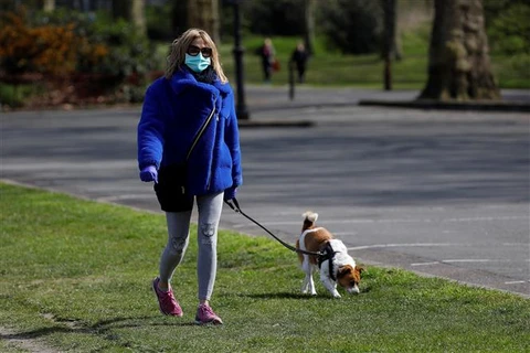 Một phụ nữ dạo bộ cùng với chú chó cưng tại công viên ở London, Anh. (Ảnh: AFP/TTXVN)