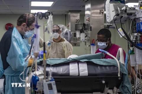 Nhân viên y tế Mỹ chuyển bệnh nhân nhiễm COVID-19 từ tàu bệnh viện USNS Comfort về tiếp tục điều trị tại một bệnh viện địa phương ở New York. (Ảnh: AFP/TTXVN)