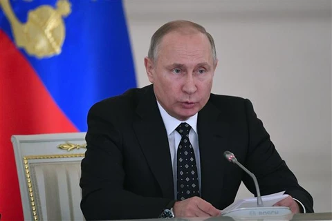 Tổng thống Nga Vladimir Putin trong bài phát biểu tại thủ đô Moskva. (Ảnh: AFP/TTXVN)