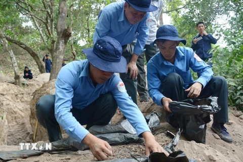 Cán bộ, chiến sỹ Đội K93 tìm kiếm hài cốt liệt sỹ quân tình nguyện Việt Nam hy sinh qua các thời kỳ chiến tranh ở trên địa bàn huyện Tịnh Biên, tỉnh An Giang trong giai đoạn mùa khô năm 2020. (Ảnh: Công Mạo/TTXVN)
