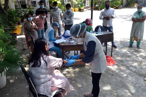 Nhân viên y tế lấy máu xét nghiệm COVID-19 cho người dân tại New Delhi, Ấn Độ. (Ảnh: THX/TTXVN)