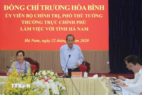 Phó Thủ tướng Thường trực Trương Hòa Bình phát biểu tại buổi làm việc. (Ảnh: Nguyễn Chinh/TTXVN)