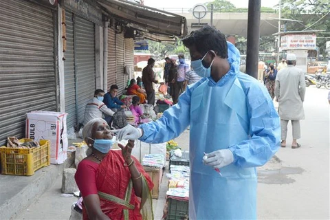 Nhân viên y tế lấy mẫu dịch xét nghiệm COVID-19 cho người dân tại một khu chợ ở Bangalore, Ấn Độ. (Ảnh: THX/TTXVN)