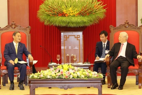 Tổng Bí thư, Chủ tịch nước Nguyễn Phú Trọng tiếp Thủ tướng Nhật Bản Suga Yoshihide. (Ảnh: Trí Dũng/TTXVN)
