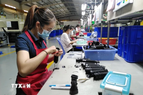 Công nhân hoàn thiện linh kiện giảm chấn băng cao su kỹ thuật cao tại nhà máy của Công ty TNHH Tương Lai tại Đồng Nai. (Ảnh: Minh Hưng/TTXVN)