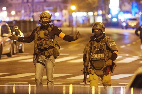 Cảnh sát đặc nhiệm Áo gác trên đường phố ở thủ đô Vienna sau loạt vụ xả súng. (Ảnh: THX/TTXVN) 