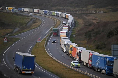 Xe tải xếp hàng dài trên tuyến quốc lộ A20, tuyến đường chính dẫn tới cảng Dover, phía Nam Anh. (Ảnh: TTXVN phát)