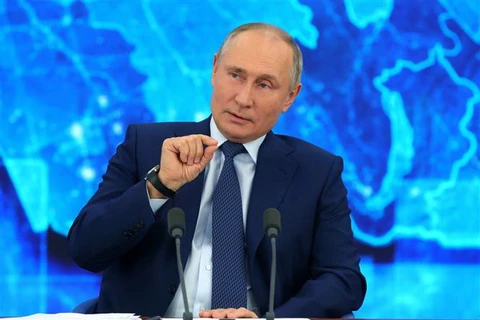 Tổng thống Nga Vladimir Putin trong cuộc họp báo cuối năm thường niên. (Ảnh: AFP/TTXVN)