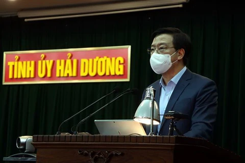 Ủy viên Trung ương Đảng, Bí thư Tỉnh ủy Hải Dương Phạm Xuân Thăng phát biểu tại Hội nghị. (Ảnh: Mạnh Tú/TTXVN)