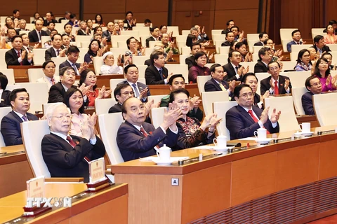 Tổng Bí thư Nguyễn Phú Trọng và các đồng chí lãnh đạo Đảng, Nhà nước dự lễ bế mạc Kỳ họp thứ 11, Quốc hội khóa XIV. (Ảnh: Trọng Đức/TTXVN)